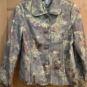 Chico’s Blue Silver Grey Jacket with Gold and Rose Details Size Small